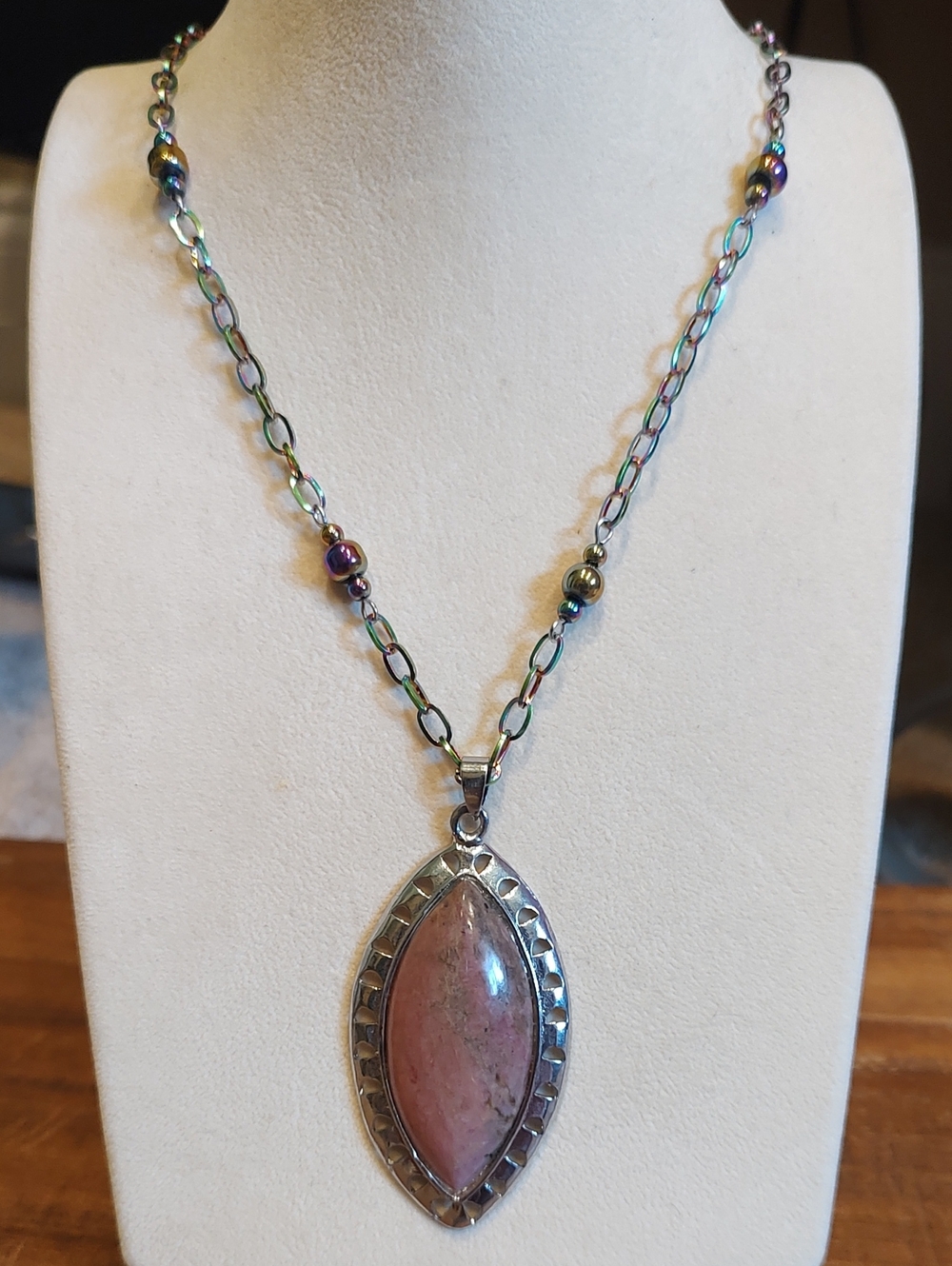 Silver Plated Rhodonite Pendant With Iridescent Station Bead Chain Necklace